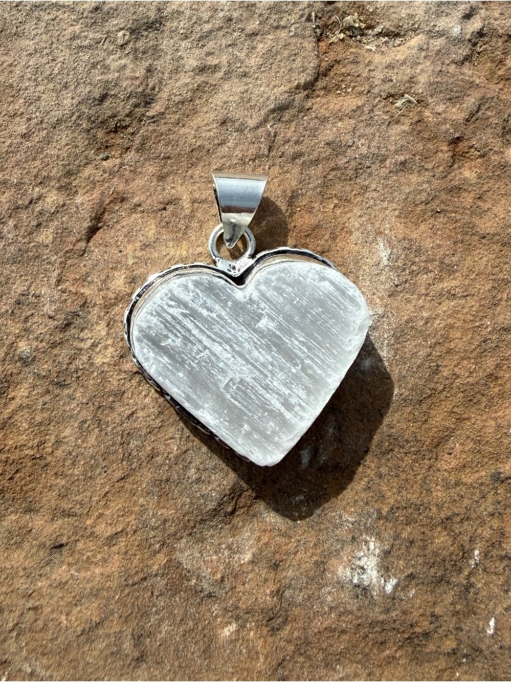 Raw Selenite Heart Pendant Set in 925 Sterling Silver